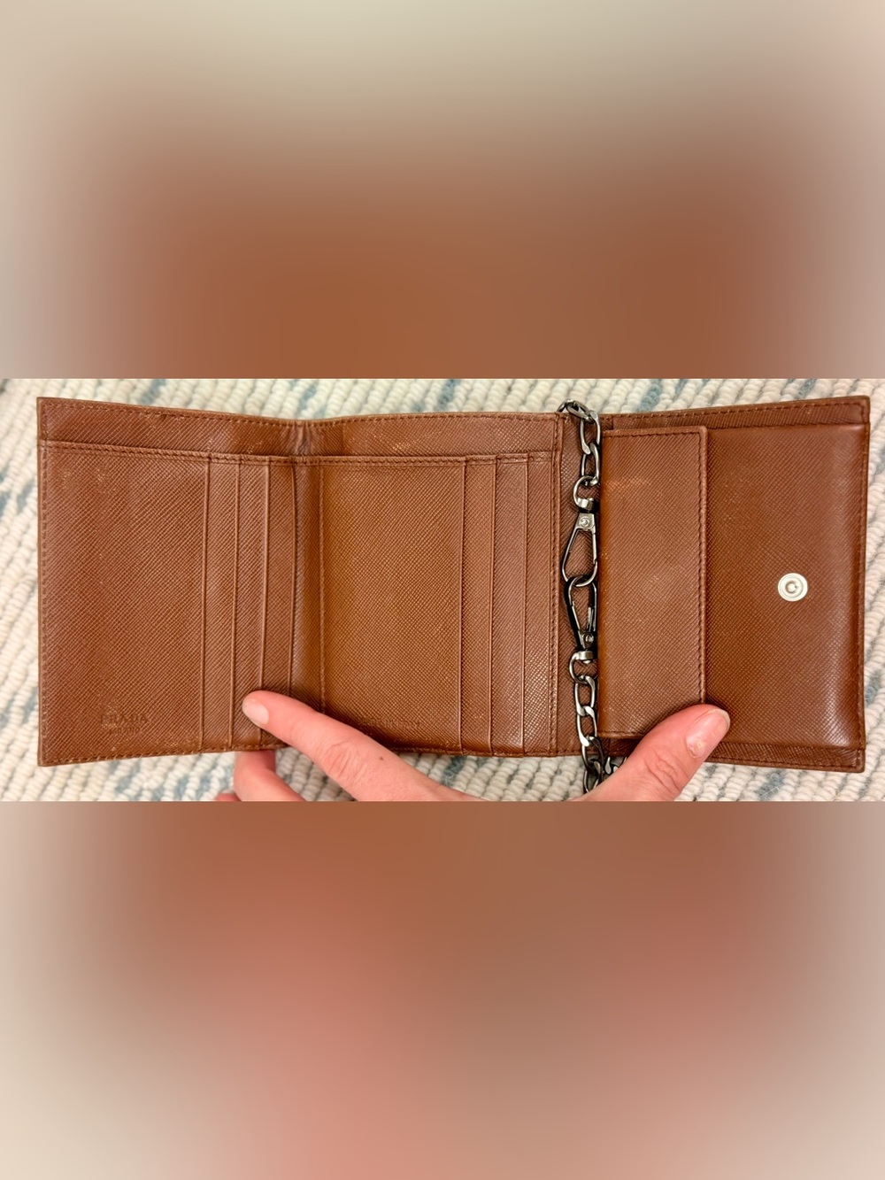 PRADA Vintage Y2K Chic Minimalist Brown Tessuto Nylon Trifold Wallet W/ Chain - Picture 14 of 16